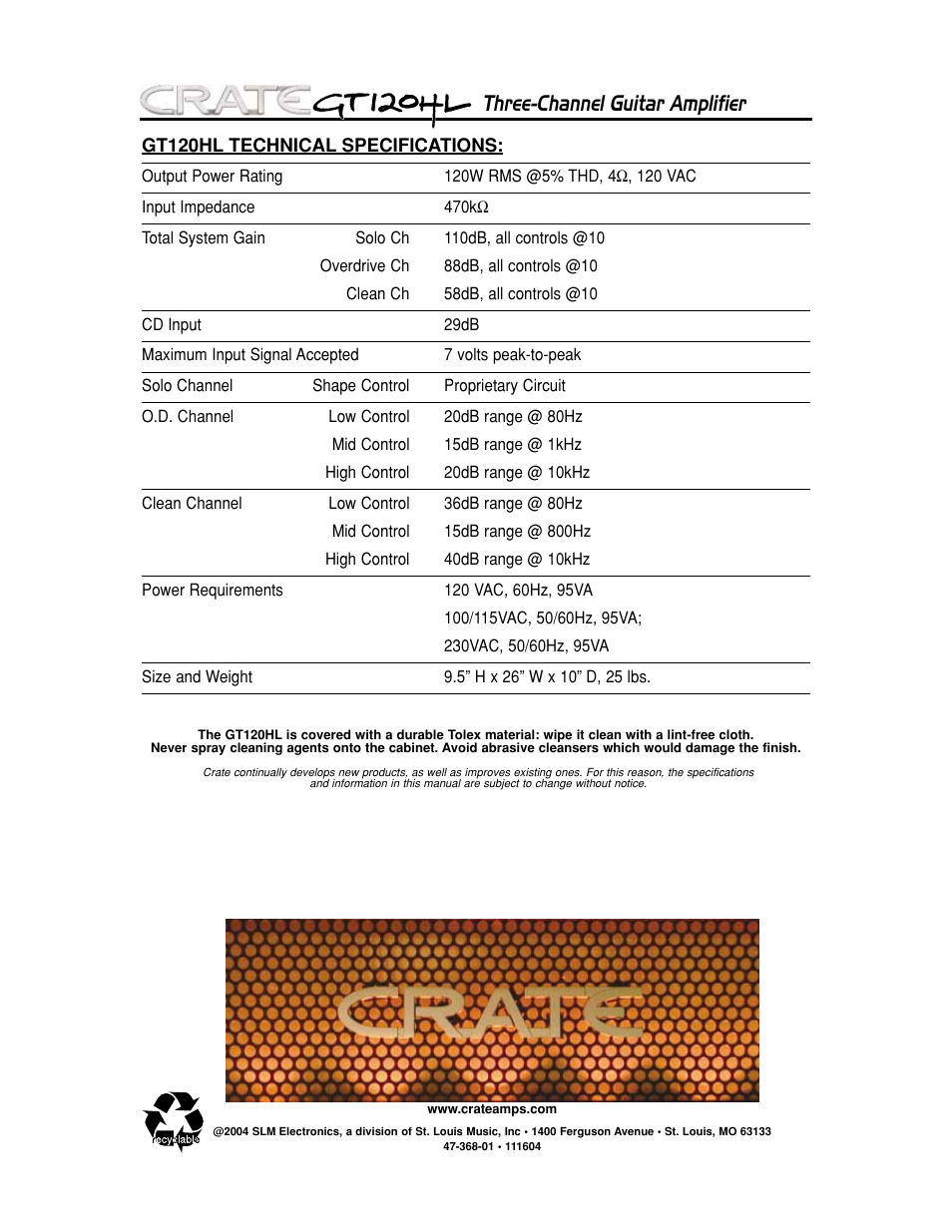 Three-channel guitar amplifier | Crate Amplifiers GT120HL User Manual | Page 8 / 8