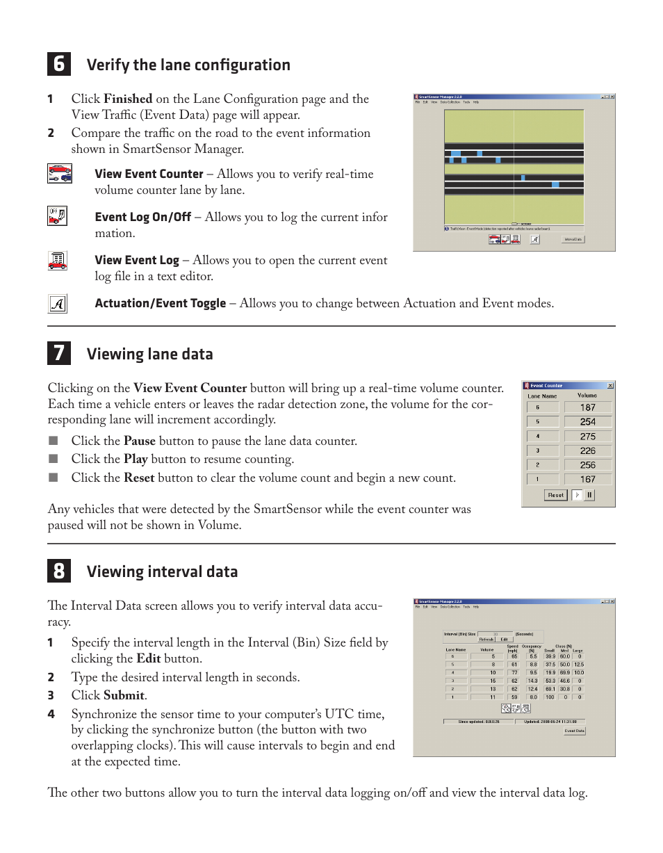 Verify the lane configuration, Viewing lane data, Viewing interval data | Wavetronix SmartSensor 105 (SS-105) - Quick-reference Guide (User) User Manual | Page 3 / 4