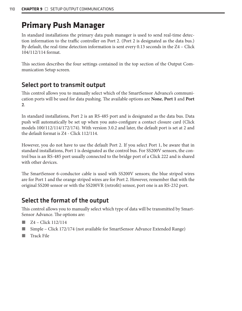 Primary push manager, Select port to transmit output, Select the format of the output | Wavetronix SmartSensor Advance Extended Range (SS-200E) - User Guide User Manual | Page 111 / 148