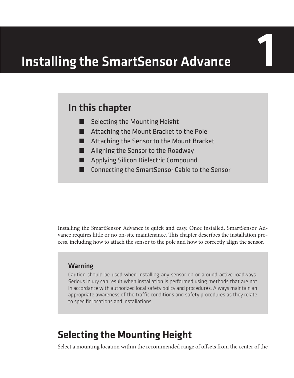 Installing the smartsensor advance, Selecting the mounting height | Wavetronix SmartSensor Advance Extended Range (SS-200E) - User Guide User Manual | Page 16 / 148