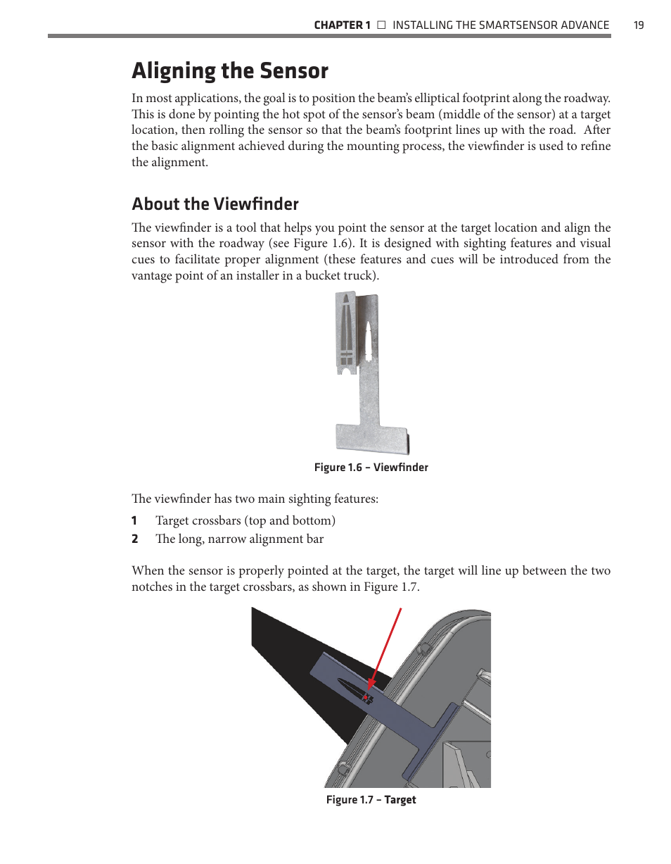 Aligning the sensor, About the viewfinder | Wavetronix SmartSensor Advance Extended Range (SS-200E) - User Guide User Manual | Page 20 / 148