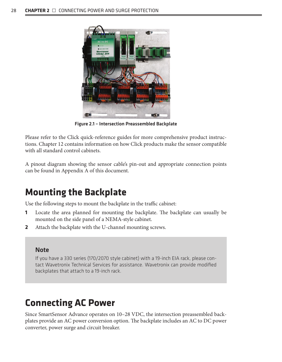 Mounting the backplate, Connecting ac power | Wavetronix SmartSensor Advance Extended Range (SS-200E) - User Guide User Manual | Page 29 / 148