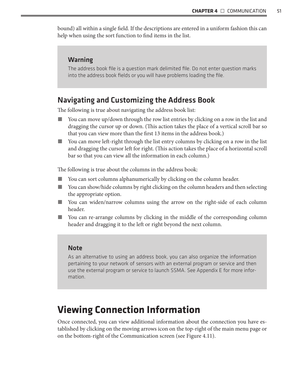 Viewing connection information, Navigating and customizing the address book | Wavetronix SmartSensor Advance Extended Range (SS-200E) - User Guide User Manual | Page 52 / 148