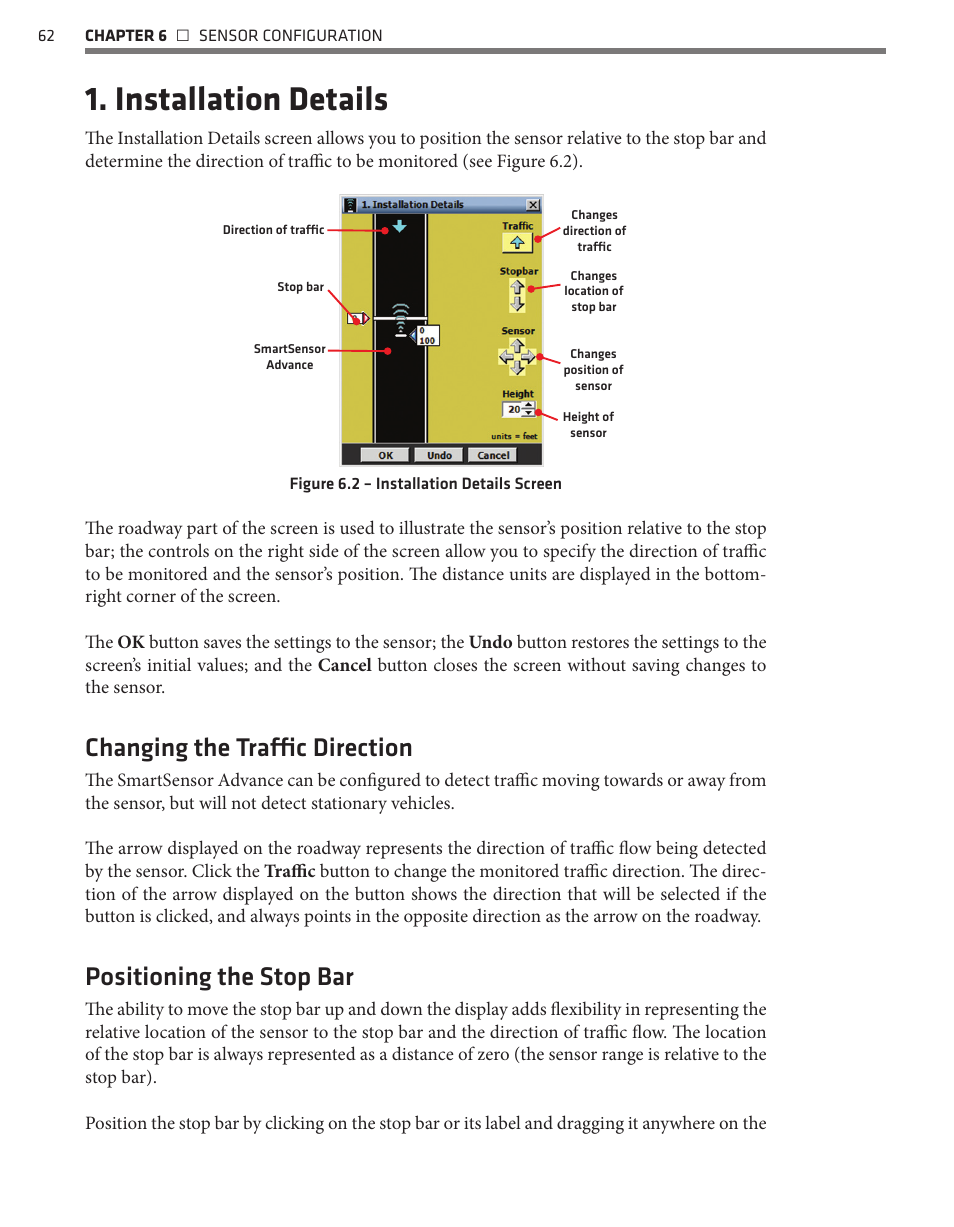 Installation details, Changing the traffic direction, Positioning the stop bar | Wavetronix SmartSensor Advance Extended Range (SS-200E) - User Guide User Manual | Page 63 / 148