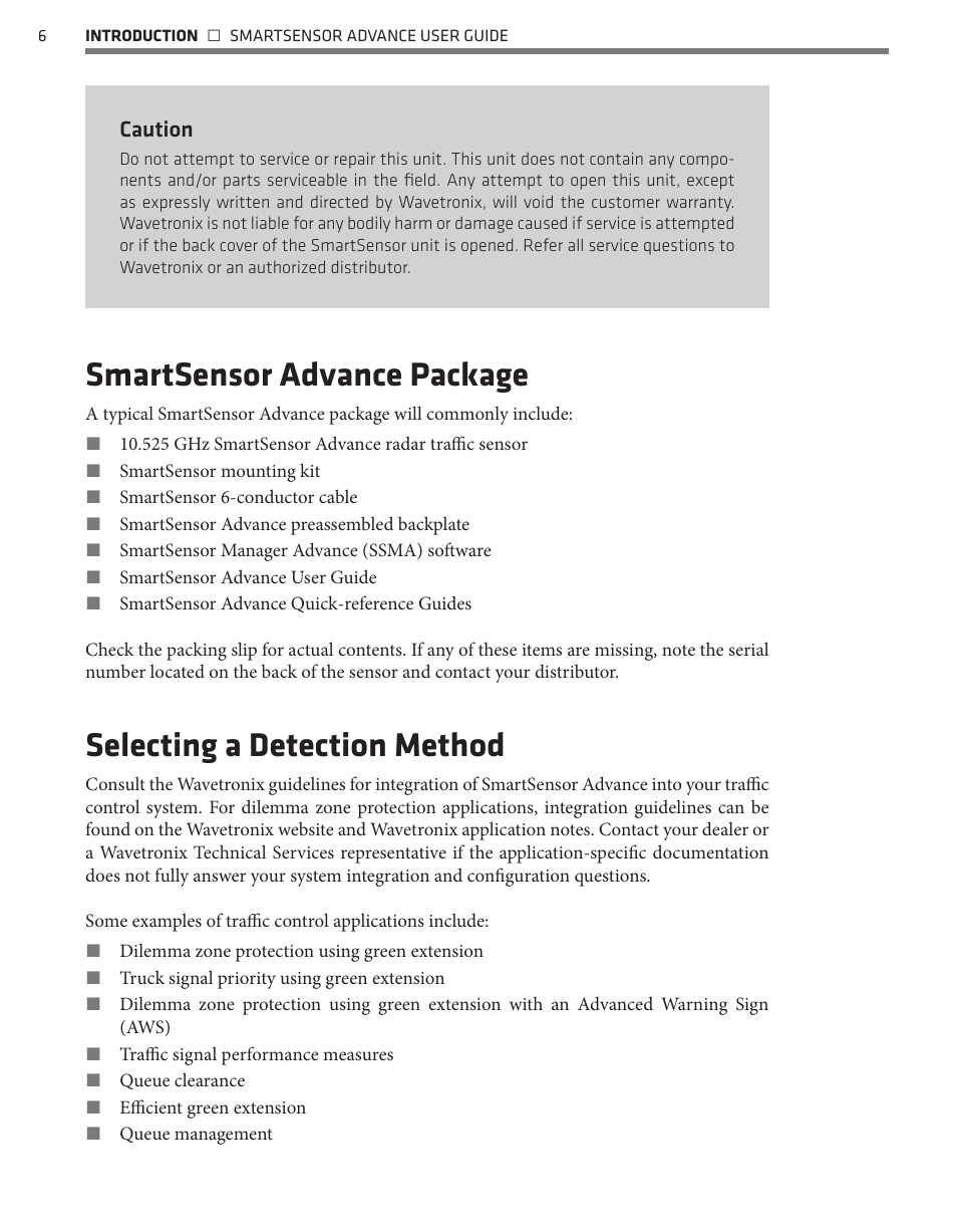 Smartsensor advance package, Selecting a detection method | Wavetronix SmartSensor Advance Extended Range (SS-200E) - User Guide User Manual | Page 7 / 148