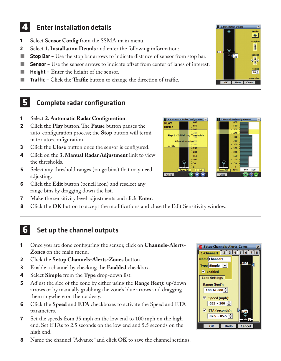 Enter installation details, Complete radar configuration, Set up the channel outputs | Wavetronix SmartSensor Advance Extended Range (SS-200E) - Quick-reference Guide (User) User Manual | Page 2 / 4