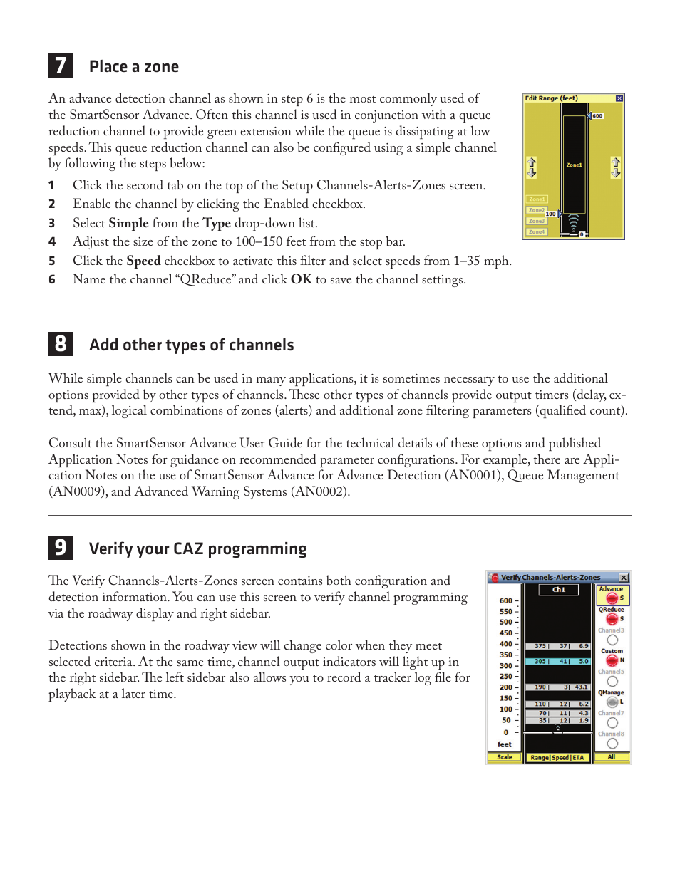 Place a zone, Add other types of channels, Verify your caz programming | Wavetronix SmartSensor Advance Extended Range (SS-200E) - Quick-reference Guide (User) User Manual | Page 3 / 4