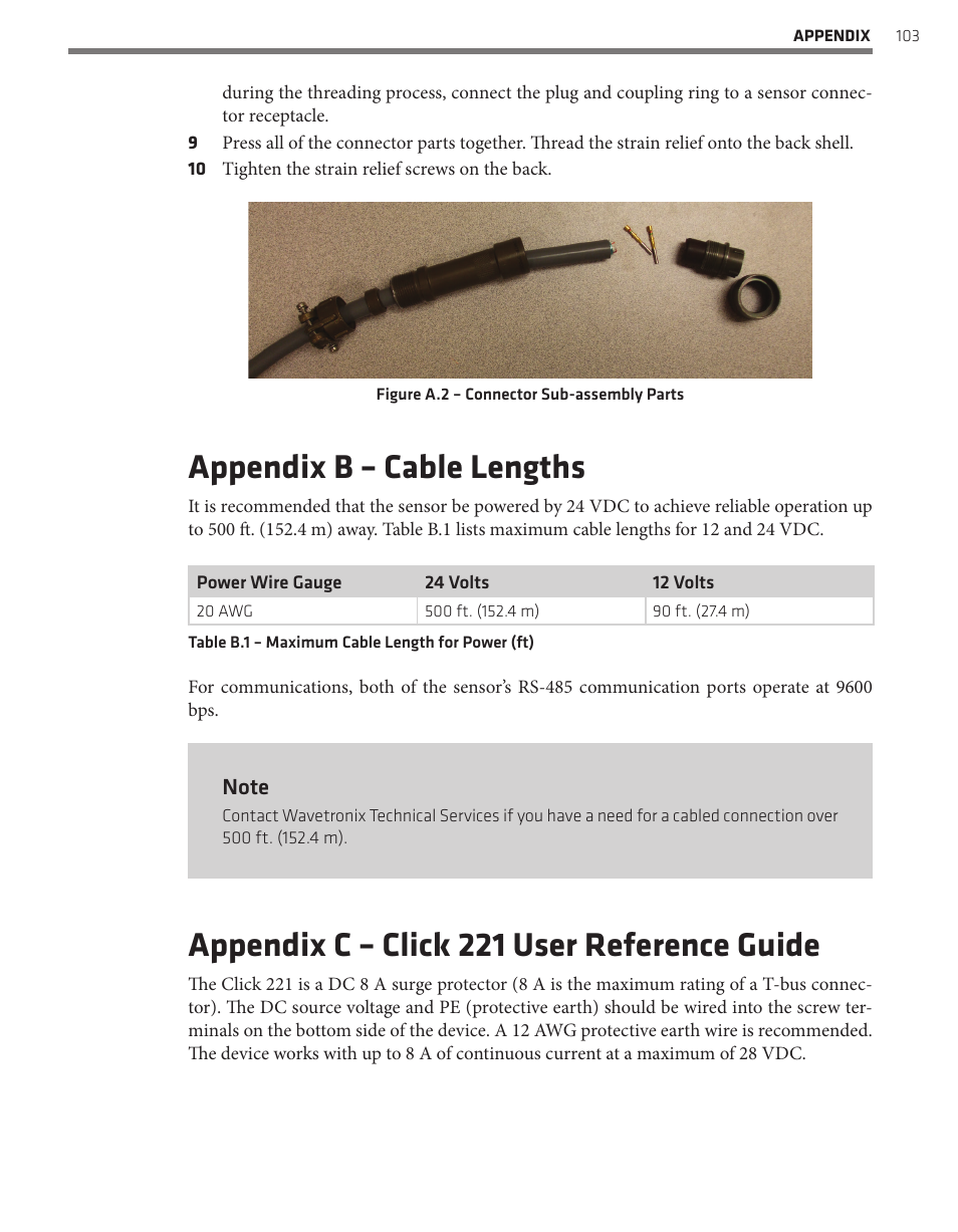 Appendix b – cable lengths, Appendix c – click 221 user reference guide | Wavetronix SmartSensor Matrix (SS-225) - User Guide User Manual | Page 104 / 117