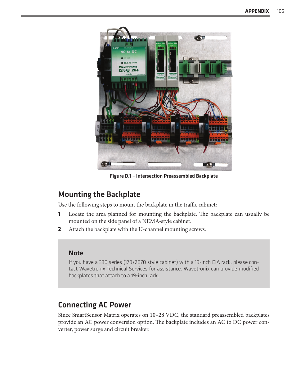 Mounting the backplate, Connecting ac power | Wavetronix SmartSensor Matrix (SS-225) - User Guide User Manual | Page 106 / 117