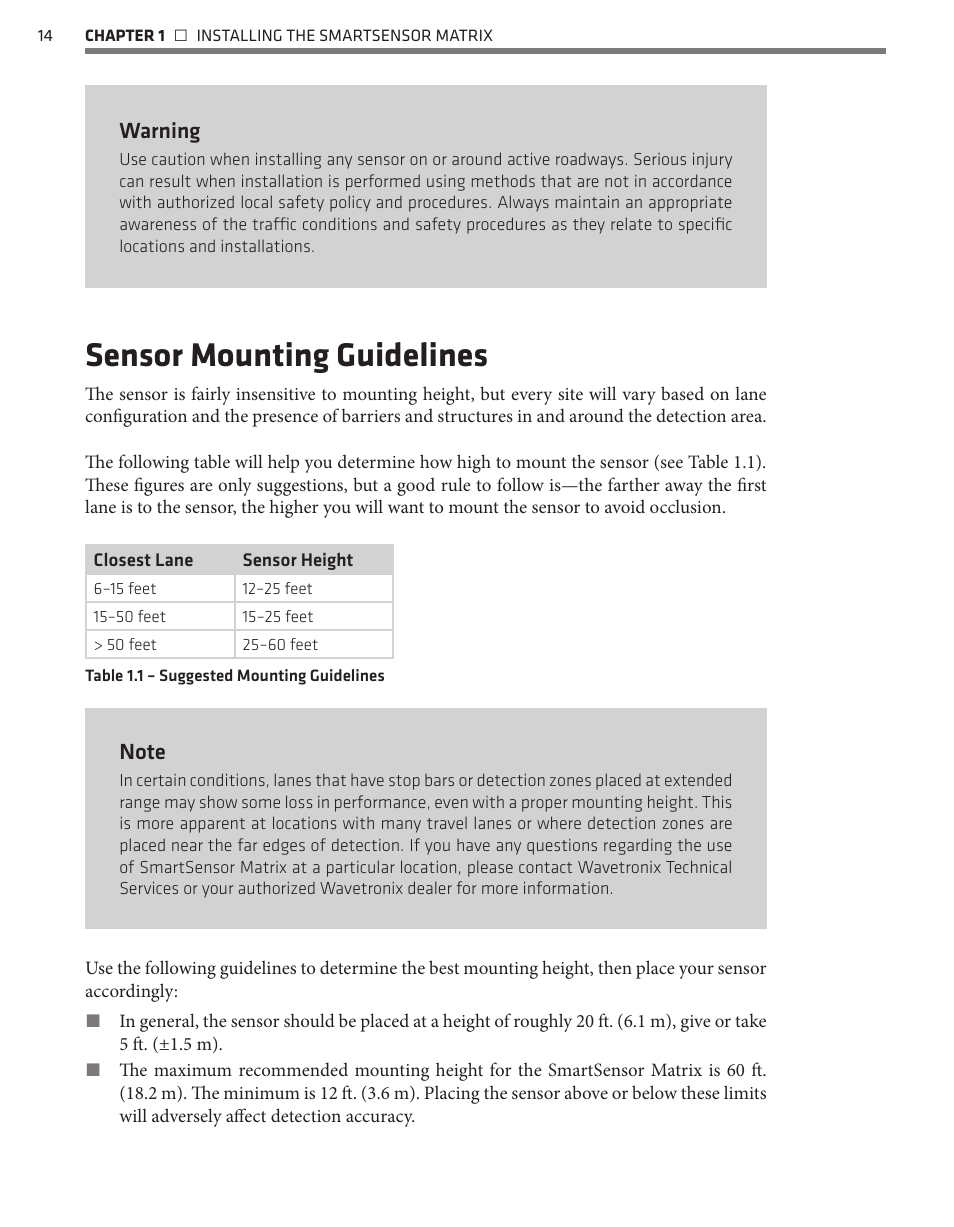 Sensor mounting guidelines, Warning | Wavetronix SmartSensor Matrix (SS-225) - User Guide User Manual | Page 15 / 117