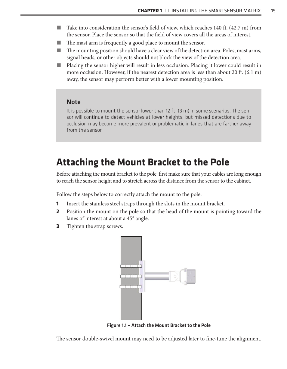 Attaching the mount bracket to the pole | Wavetronix SmartSensor Matrix (SS-225) - User Guide User Manual | Page 16 / 117