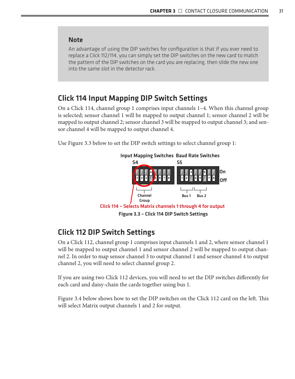 Click 114 input mapping dip switch settings, Click 112 dip switch settings | Wavetronix SmartSensor Matrix (SS-225) - User Guide User Manual | Page 32 / 117