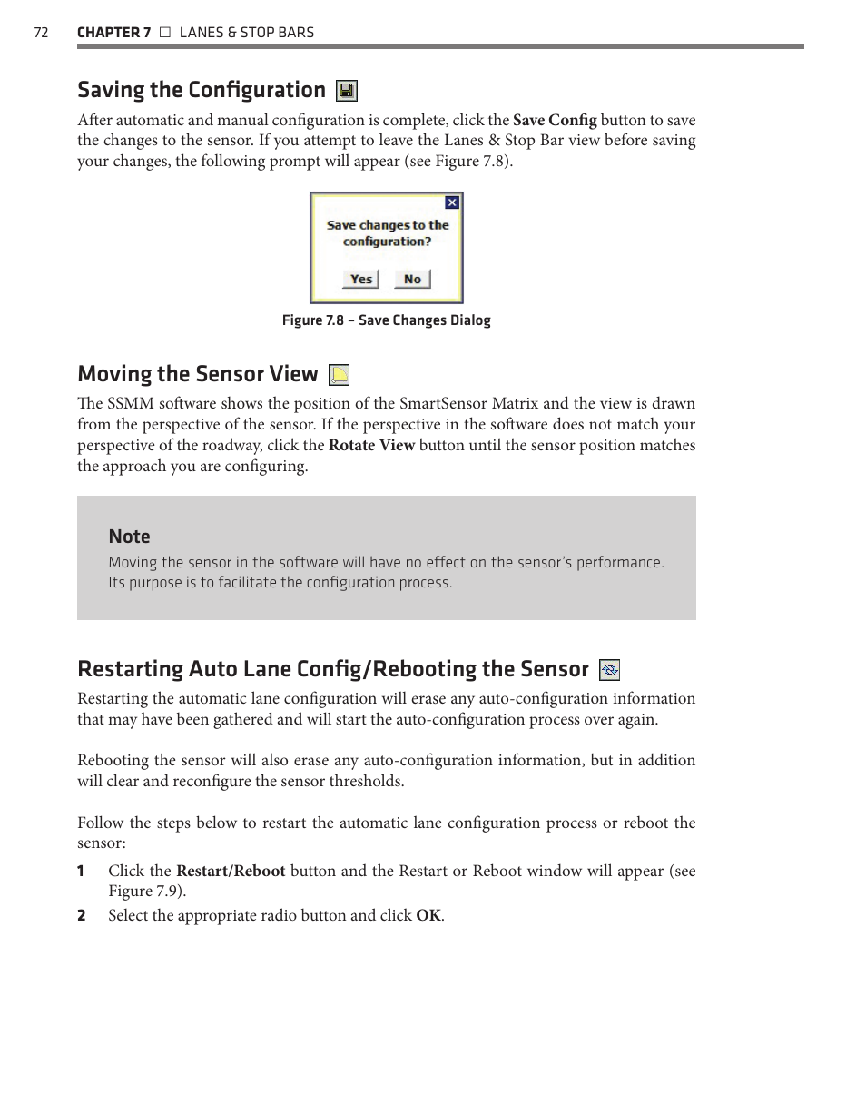 Saving the configuration, Moving the sensor view, Restarting auto lane config/rebooting the sensor | Wavetronix SmartSensor Matrix (SS-225) - User Guide User Manual | Page 73 / 117