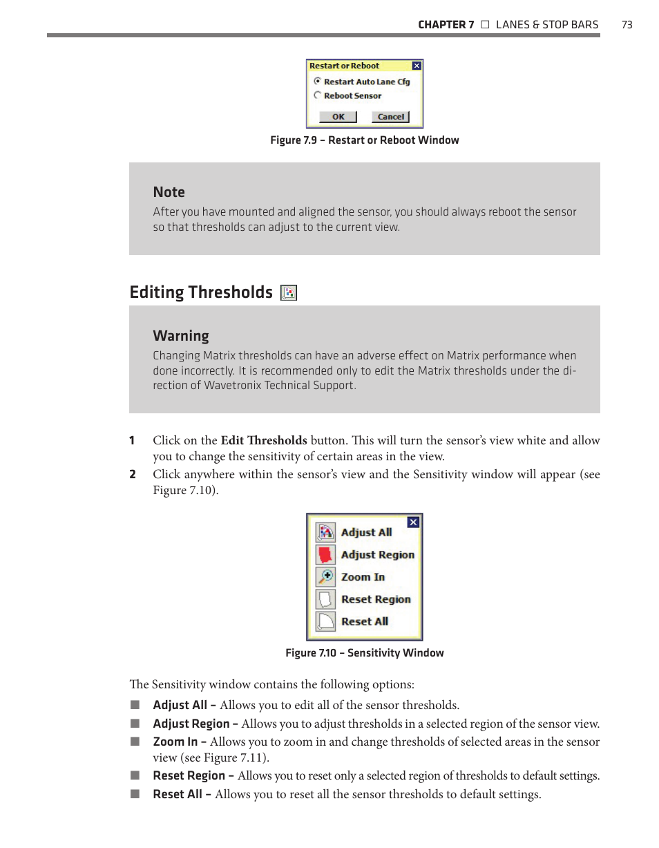 Editing thresholds, Warning | Wavetronix SmartSensor Matrix (SS-225) - User Guide User Manual | Page 74 / 117