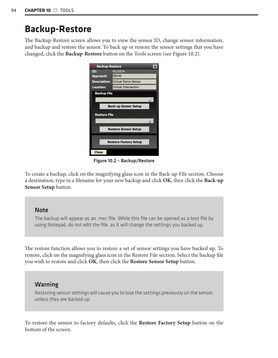 Backup-restore | Wavetronix SmartSensor Matrix (SS-225) - User Guide User Manual | Page 95 / 117