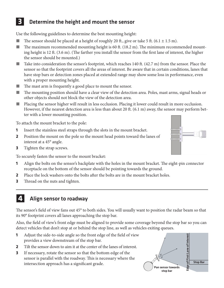 Align sensor to roadway, Determine the height and mount the sensor | Wavetronix SmartSensor Matrix (SS-225) - Quick-reference Guide (Installer) User Manual | Page 2 / 4