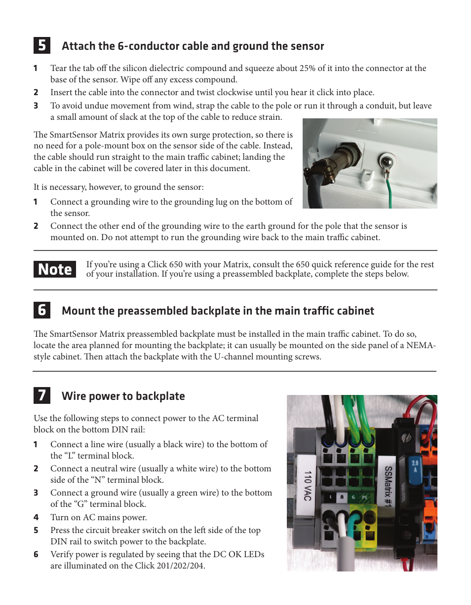 Wire power to backplate, Attach the 6-conductor cable and ground the sensor | Wavetronix SmartSensor Matrix (SS-225) - Quick-reference Guide (Installer) User Manual | Page 3 / 4