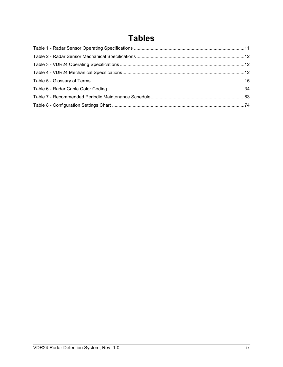 Tables | Wavetronix VDR24 Radar User Manual | Page 9 / 78