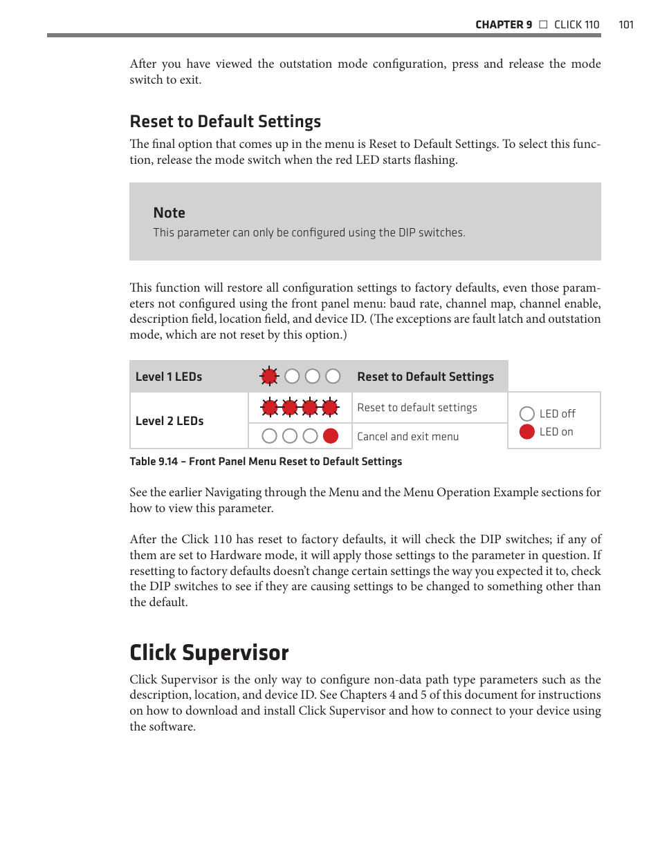Click supervisor, Reset to default settings | Wavetronix Click 400 (900 MHz radio) (CLK-400) - User Guide User Manual | Page 102 / 260