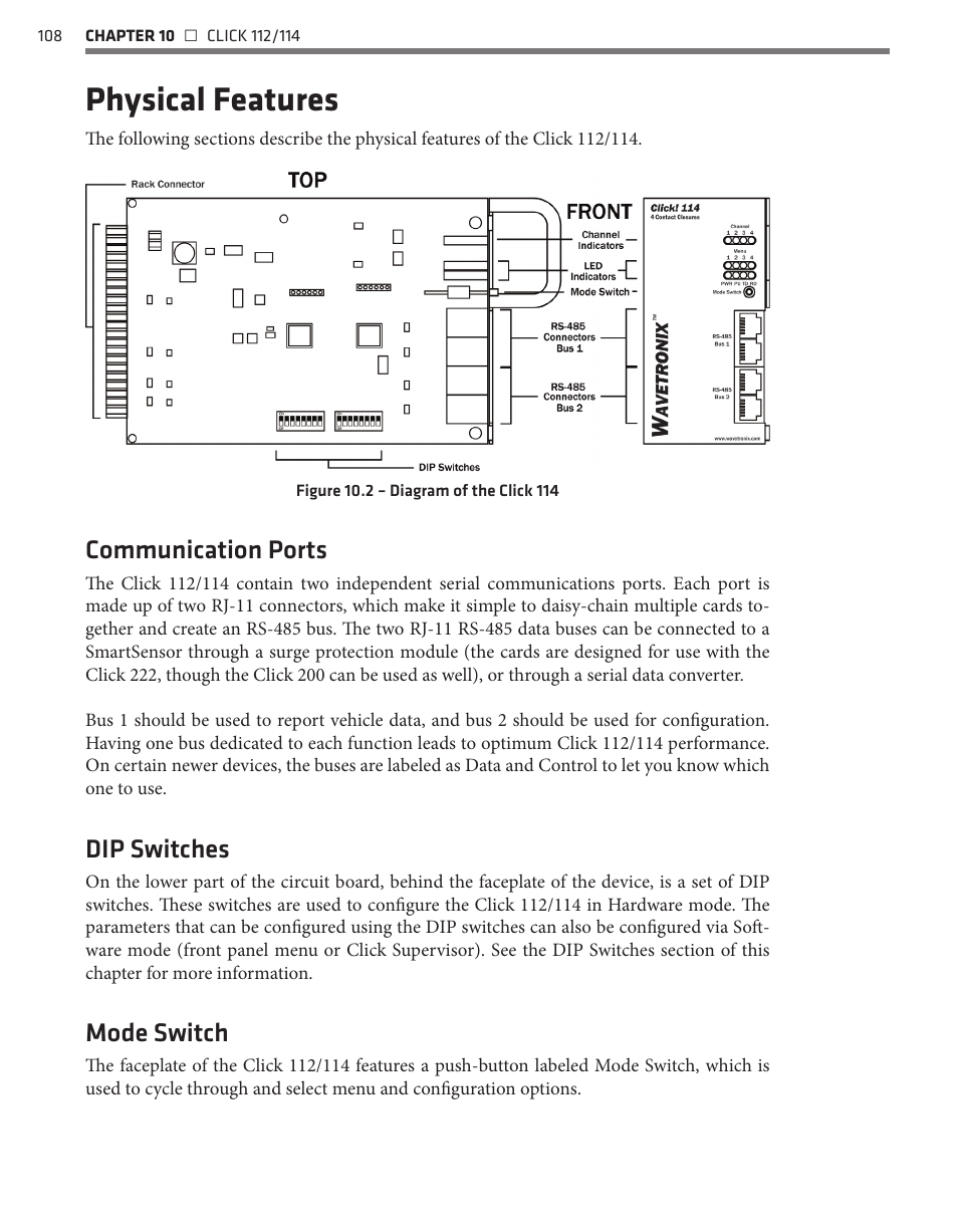 Physical features, Communication ports, Dip switches | Mode switch | Wavetronix Click 400 (900 MHz radio) (CLK-400) - User Guide User Manual | Page 109 / 260