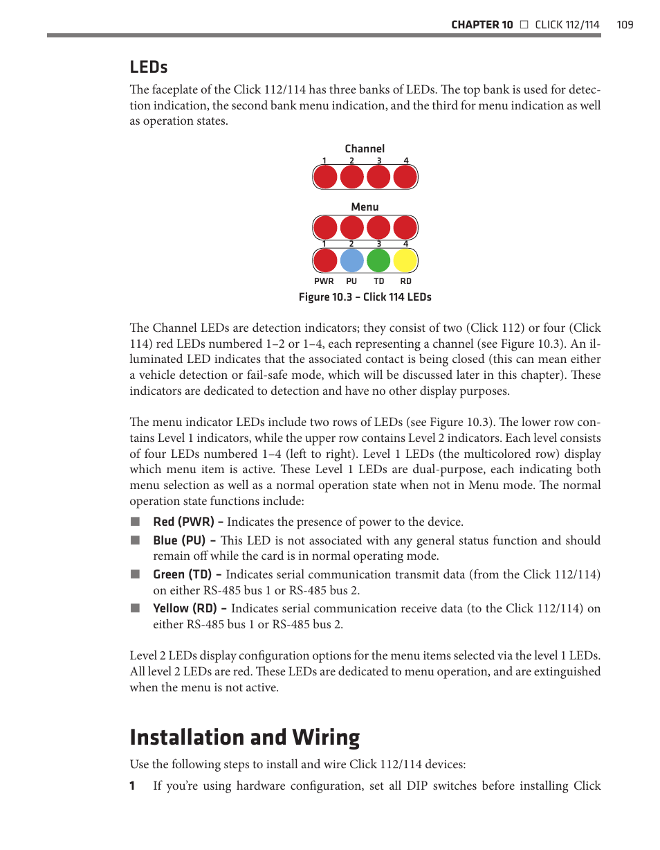Installation and wiring, Leds | Wavetronix Click 400 (900 MHz radio) (CLK-400) - User Guide User Manual | Page 110 / 260