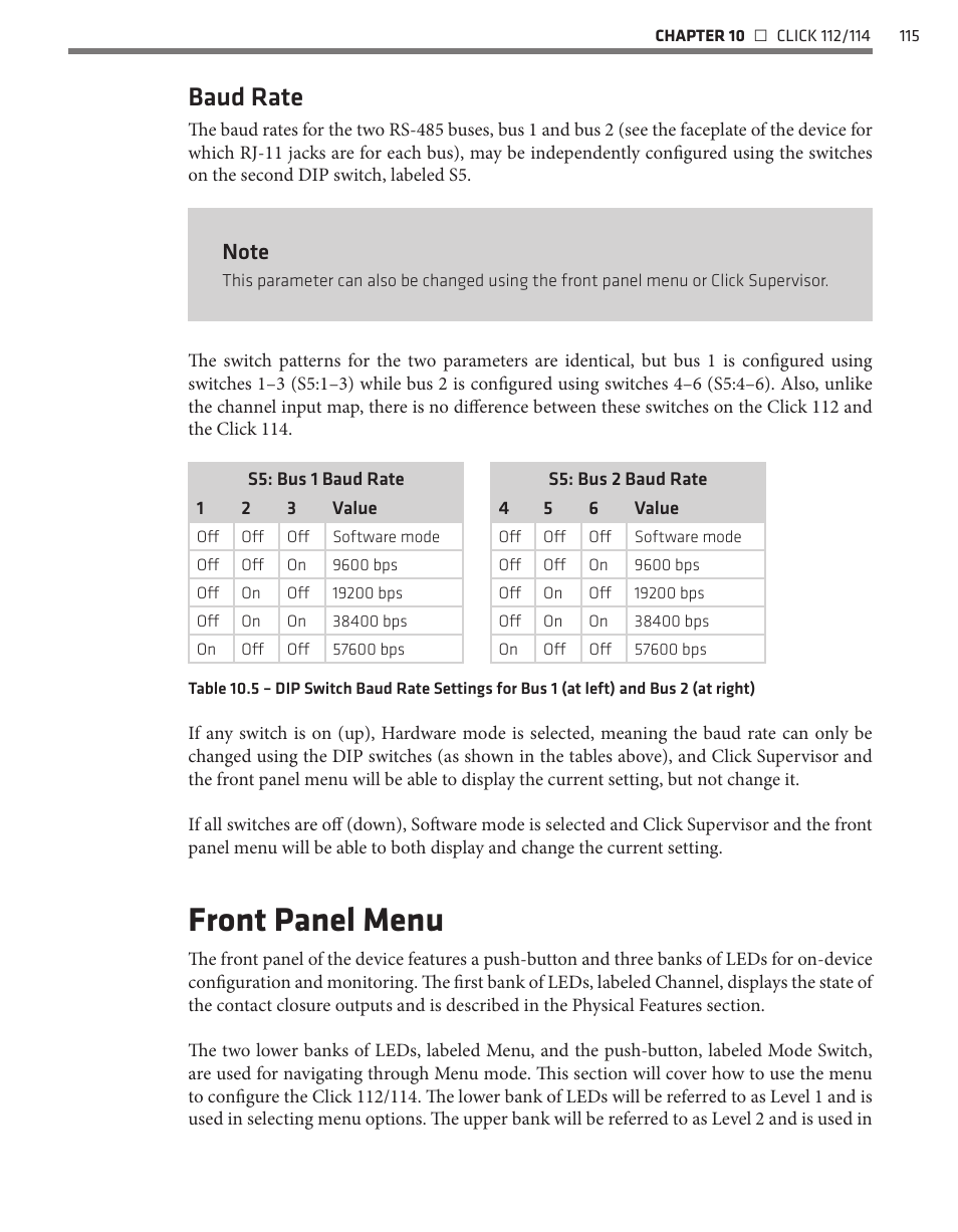 Front panel menu, Baud rate | Wavetronix Click 400 (900 MHz radio) (CLK-400) - User Guide User Manual | Page 116 / 260