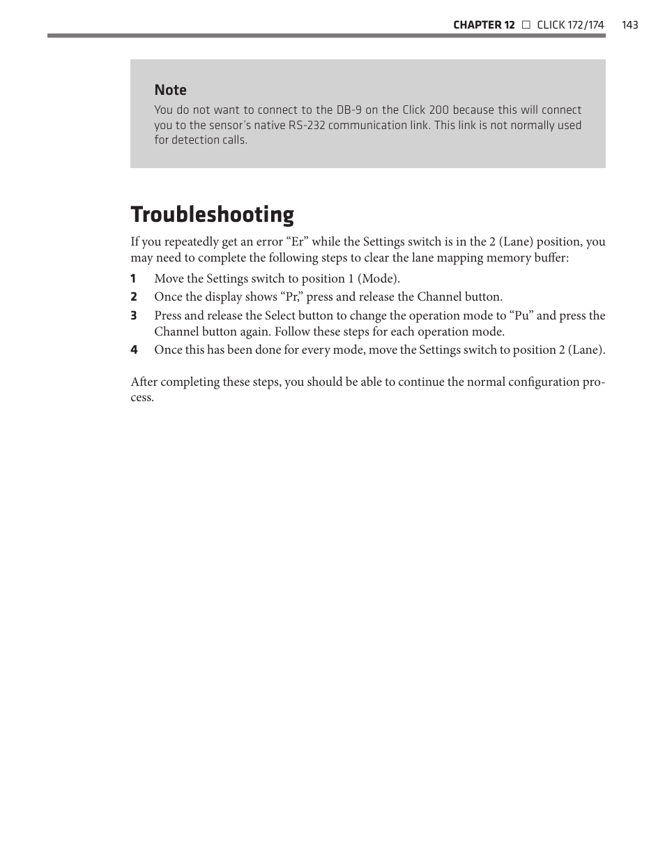 Troubleshooting | Wavetronix Click 400 (900 MHz radio) (CLK-400) - User Guide User Manual | Page 144 / 260