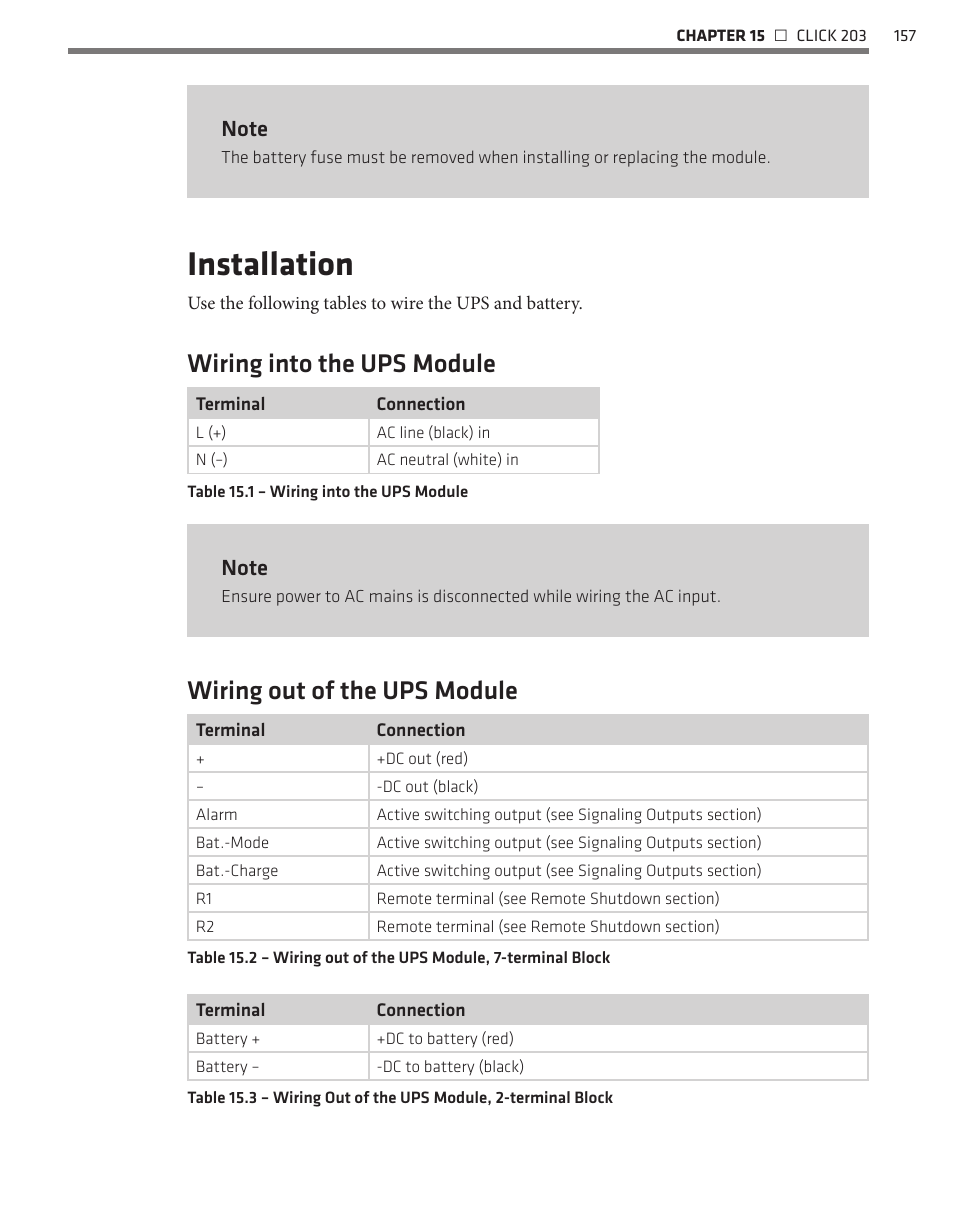 Installation, Wiring into the ups module, Wiring out of the ups module | Wavetronix Click 400 (900 MHz radio) (CLK-400) - User Guide User Manual | Page 158 / 260