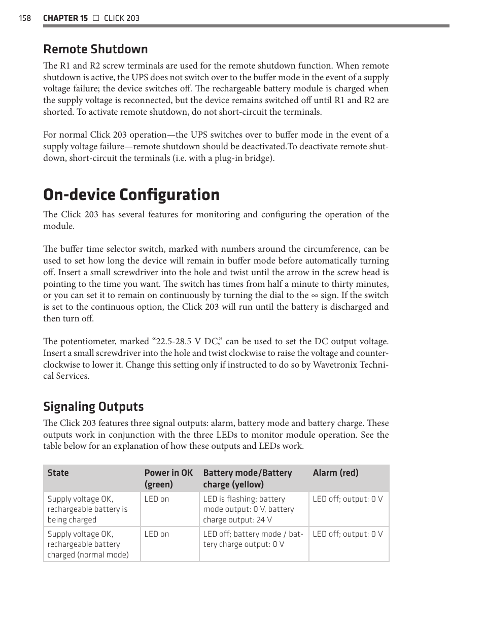 On-device configuration, Remote shutdown, Signaling outputs | Wavetronix Click 400 (900 MHz radio) (CLK-400) - User Guide User Manual | Page 159 / 260