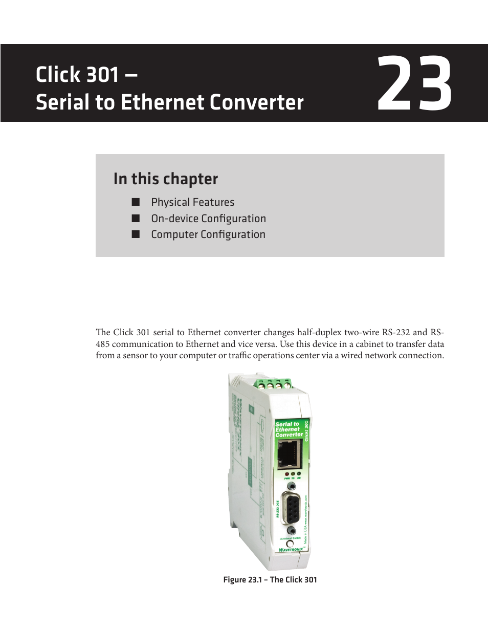Click 301 — serial to ethernet converter | Wavetronix Click 400 (900 MHz radio) (CLK-400) - User Guide User Manual | Page 188 / 260