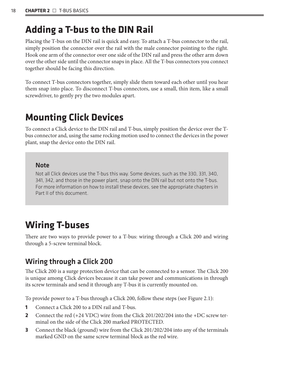 Adding a t-bus to the din rail, Mounting click devices, Wiring t-buses | Wiring through a click 200 | Wavetronix Click 400 (900 MHz radio) (CLK-400) - User Guide User Manual | Page 19 / 260