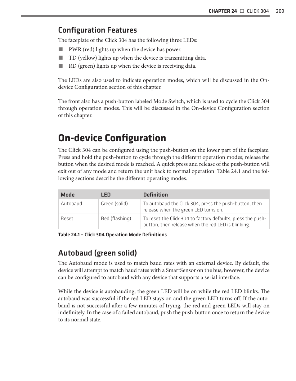 On-device configuration, Configuration features, Autobaud (green solid) | Wavetronix Click 400 (900 MHz radio) (CLK-400) - User Guide User Manual | Page 210 / 260