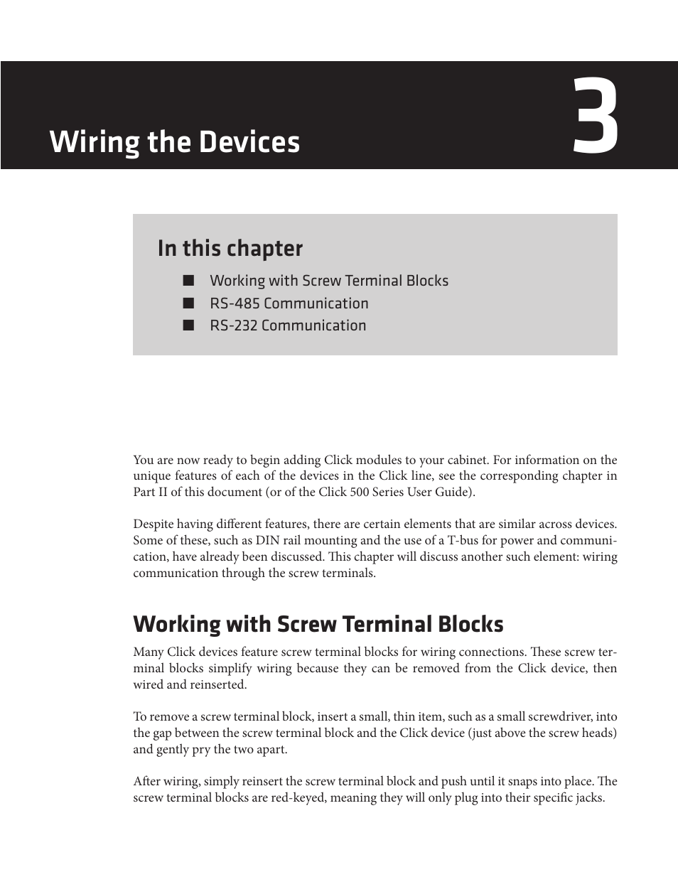 Wiring the devices, Working with screw terminal blocks | Wavetronix Click 400 (900 MHz radio) (CLK-400) - User Guide User Manual | Page 22 / 260