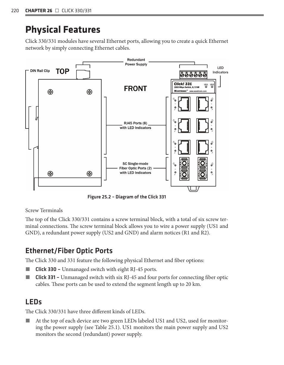 Physical features, Ethernet/fiber optic ports, Leds | Wavetronix Click 400 (900 MHz radio) (CLK-400) - User Guide User Manual | Page 221 / 260