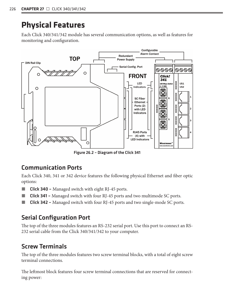 Physical features, Communication ports, Serial configuration port | Screw terminals | Wavetronix Click 400 (900 MHz radio) (CLK-400) - User Guide User Manual | Page 227 / 260