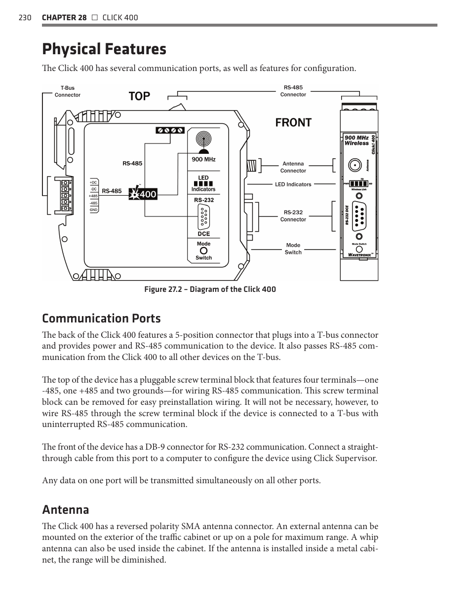 Physical features, Communication ports, Antenna | Wavetronix Click 400 (900 MHz radio) (CLK-400) - User Guide User Manual | Page 231 / 260