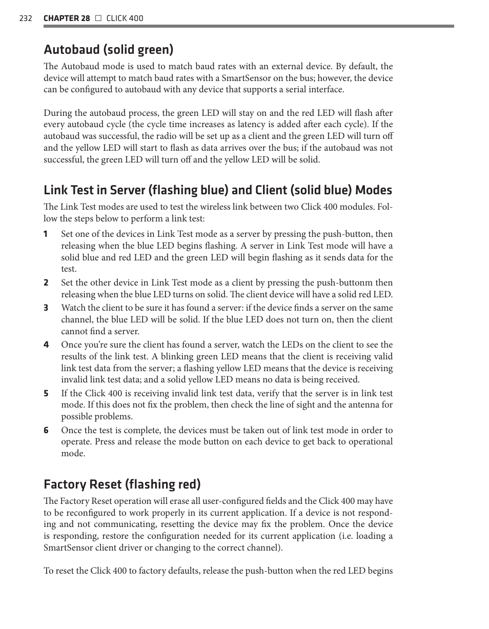 Autobaud (solid green), Factory reset (flashing red) | Wavetronix Click 400 (900 MHz radio) (CLK-400) - User Guide User Manual | Page 233 / 260