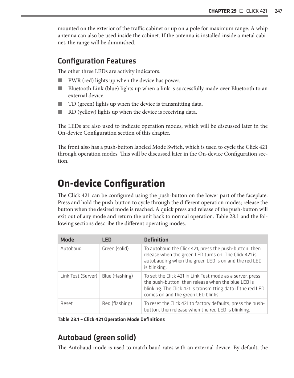 On-device configuration, Configuration features, Autobaud (green solid) | Wavetronix Click 400 (900 MHz radio) (CLK-400) - User Guide User Manual | Page 248 / 260