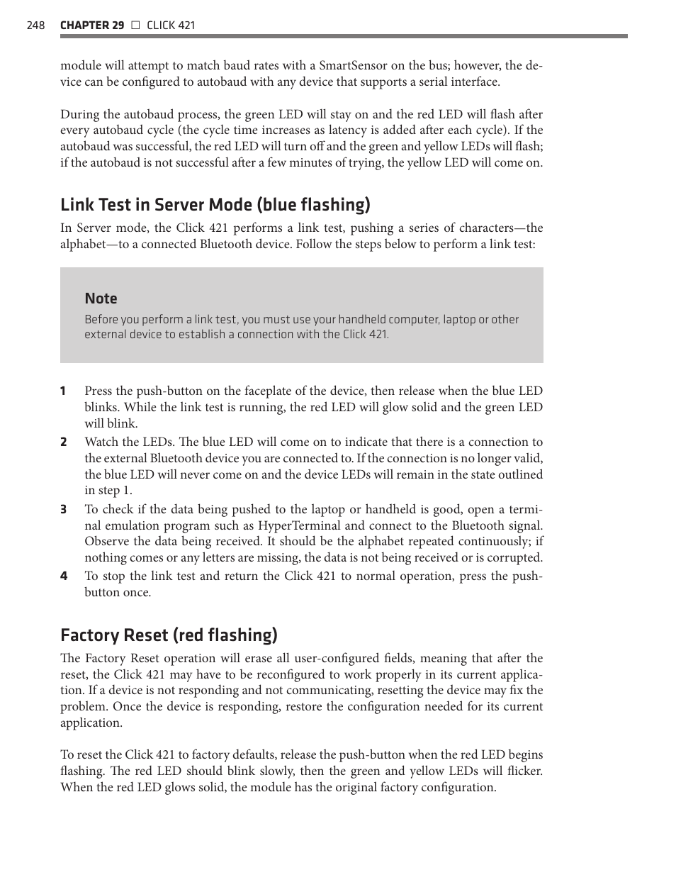 Link test in server mode (blue flashing), Factory reset (red flashing) | Wavetronix Click 400 (900 MHz radio) (CLK-400) - User Guide User Manual | Page 249 / 260