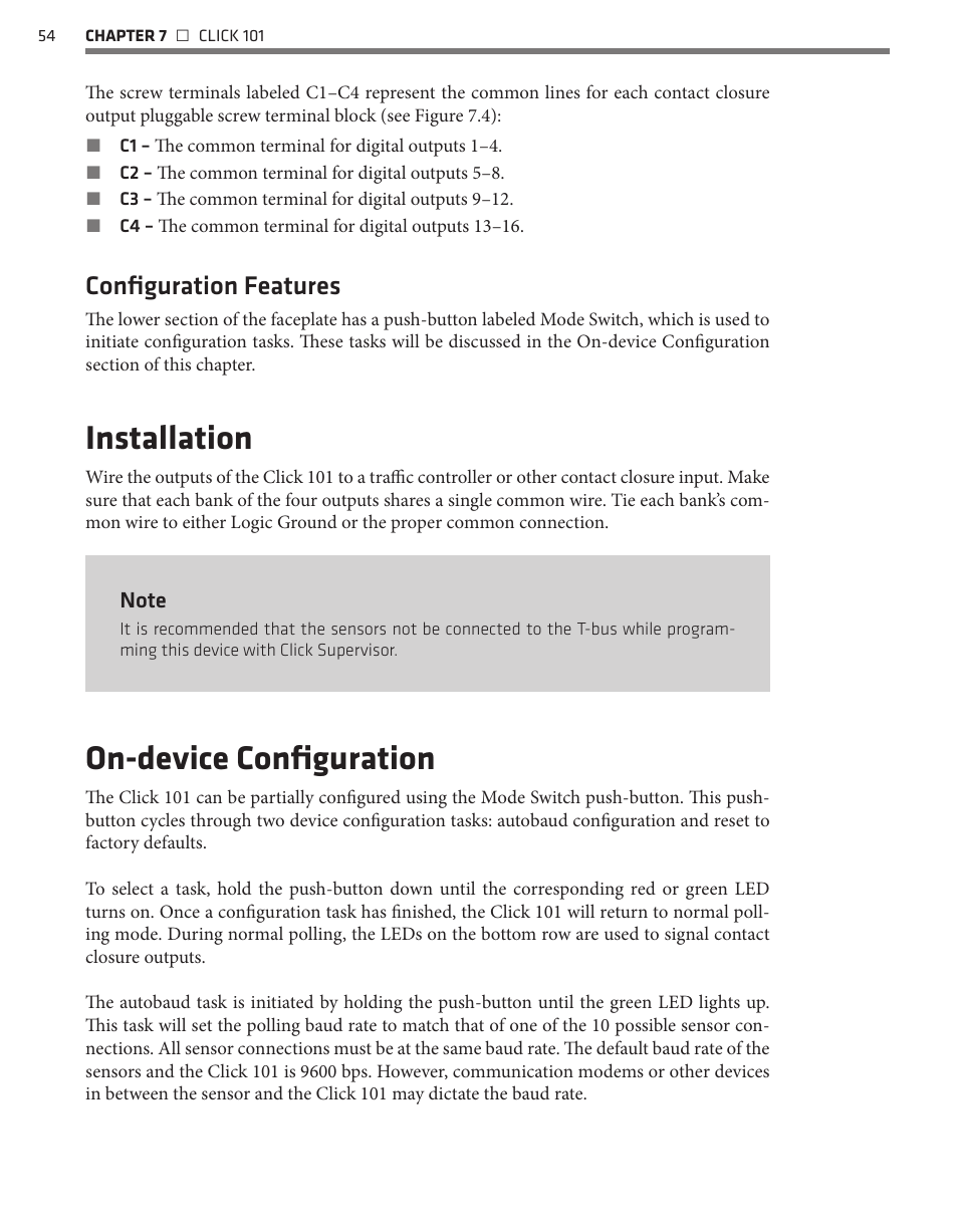 Installation, On-device configuration, Configuration features | Wavetronix Click 400 (900 MHz radio) (CLK-400) - User Guide User Manual | Page 55 / 260
