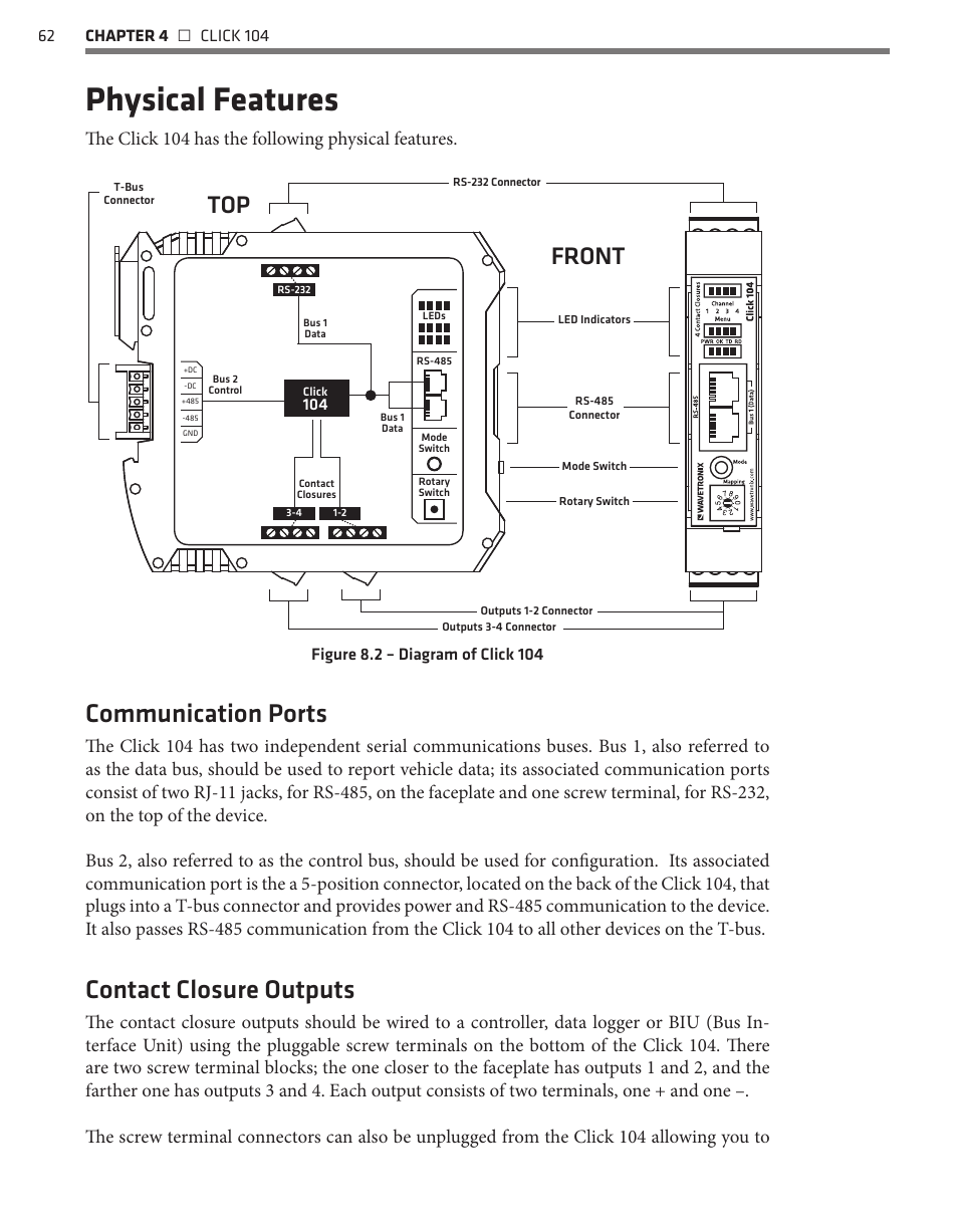 Physical features, Communication ports, Contact closure outputs | Front top, The click 104 has the following physical features | Wavetronix Click 400 (900 MHz radio) (CLK-400) - User Guide User Manual | Page 63 / 260