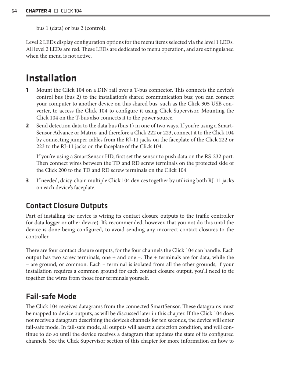Installation, Contact closure outputs, Fail-safe mode | Wavetronix Click 400 (900 MHz radio) (CLK-400) - User Guide User Manual | Page 65 / 260