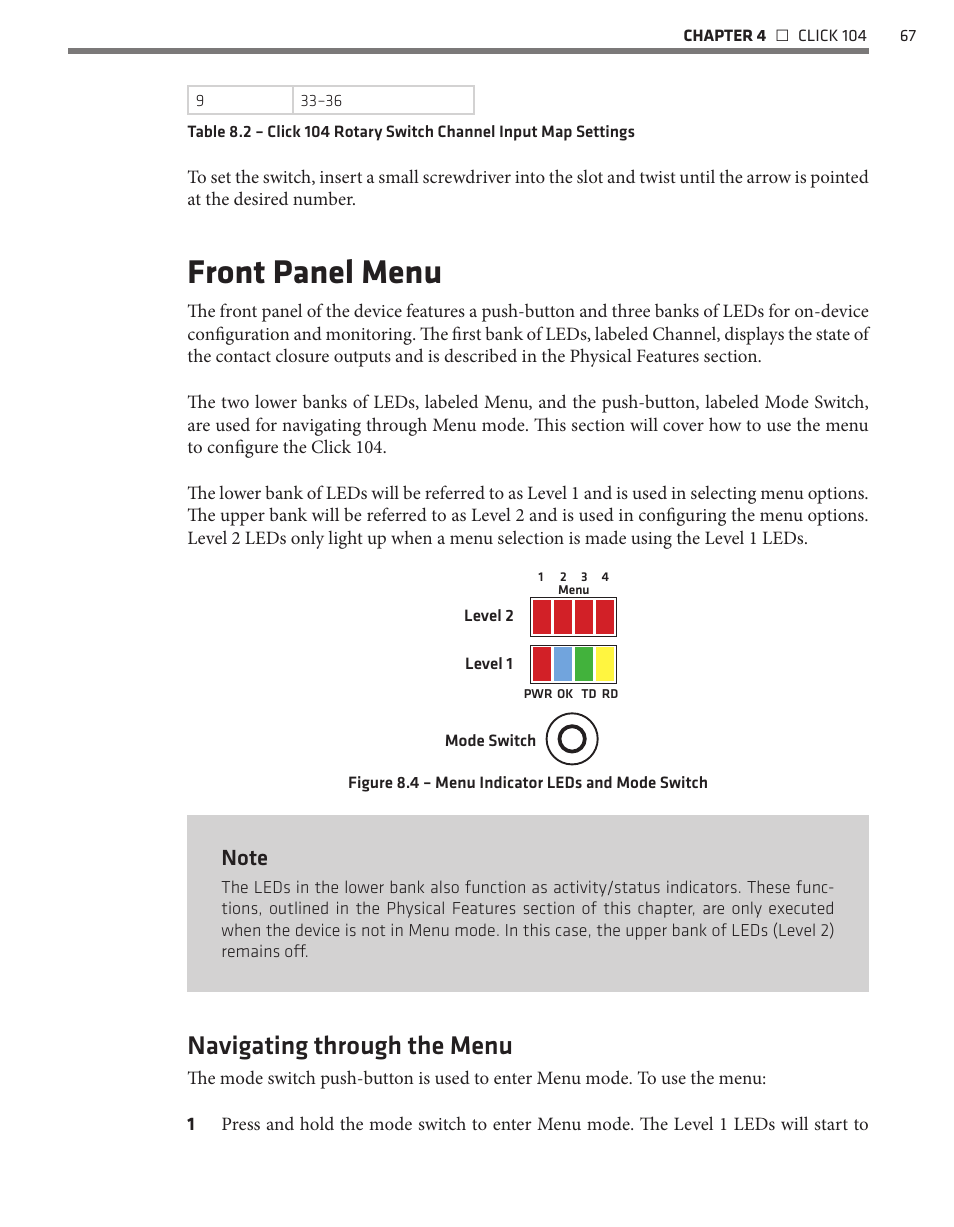 Front panel menu, Navigating through the menu | Wavetronix Click 400 (900 MHz radio) (CLK-400) - User Guide User Manual | Page 68 / 260