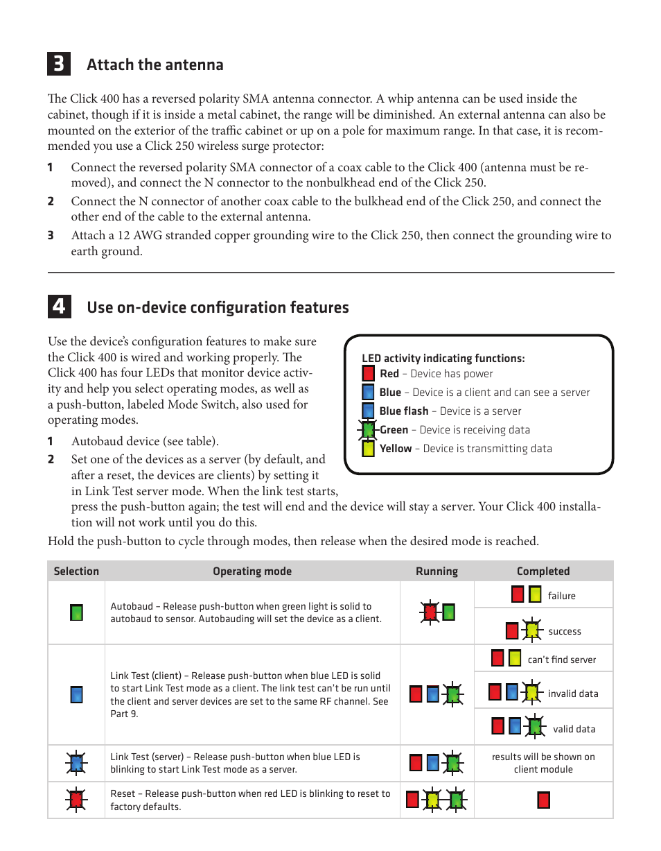 Attach the antenna, Use on-device configuration features | Wavetronix Click 400 (900 MHz radio) (CLK-400) - Quick-reference Guide User Manual | Page 2 / 4