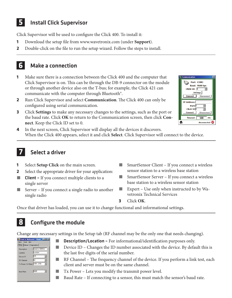 Install click supervisor, Make a connection, Select a driver | Configure the module | Wavetronix Click 400 (900 MHz radio) (CLK-400) - Quick-reference Guide User Manual | Page 3 / 4
