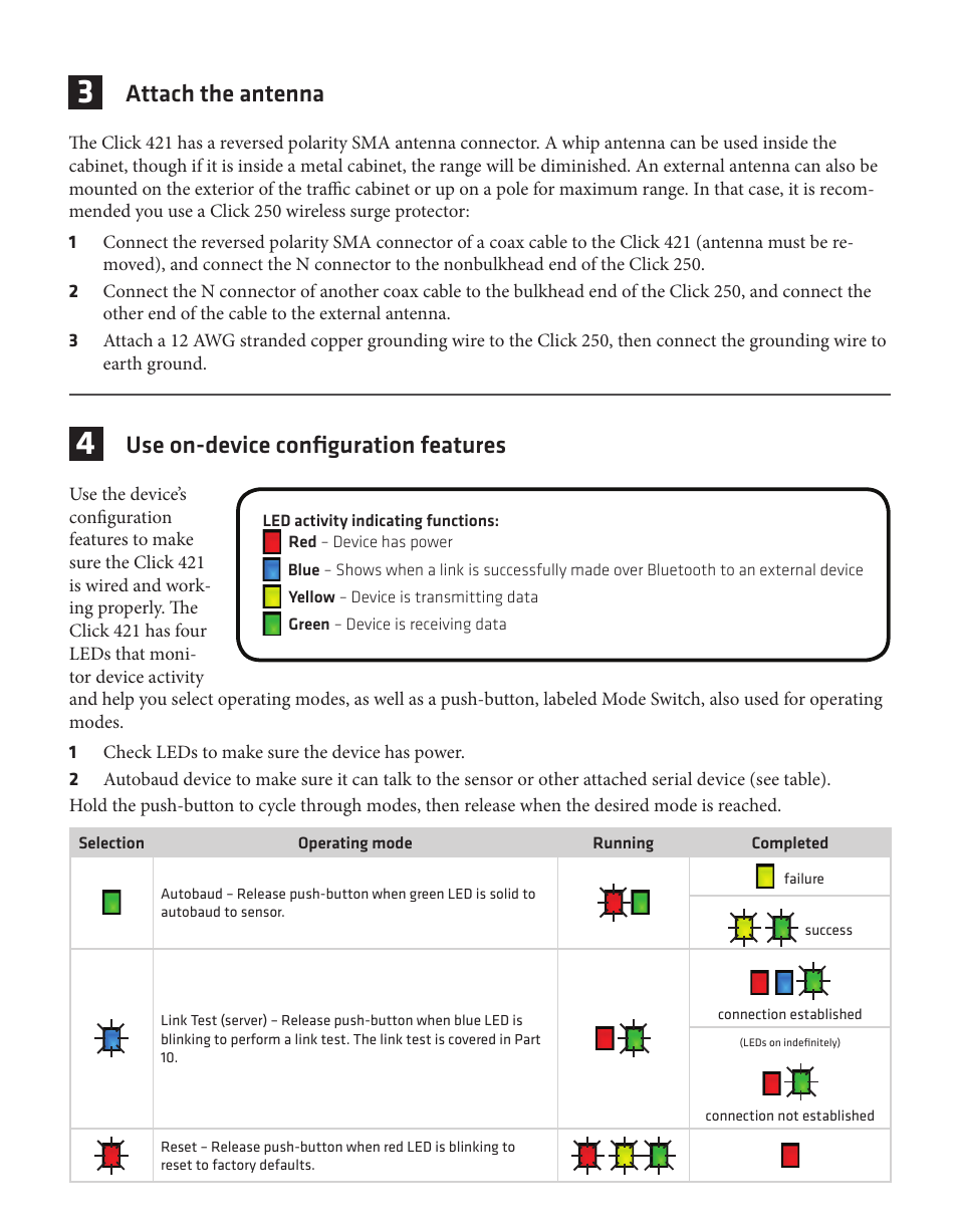 Attach the antenna, Use on-device configuration features | Wavetronix Click 421 (bluetooth to serial converter) (CLK-421) - Quick-reference Guide User Manual | Page 2 / 4