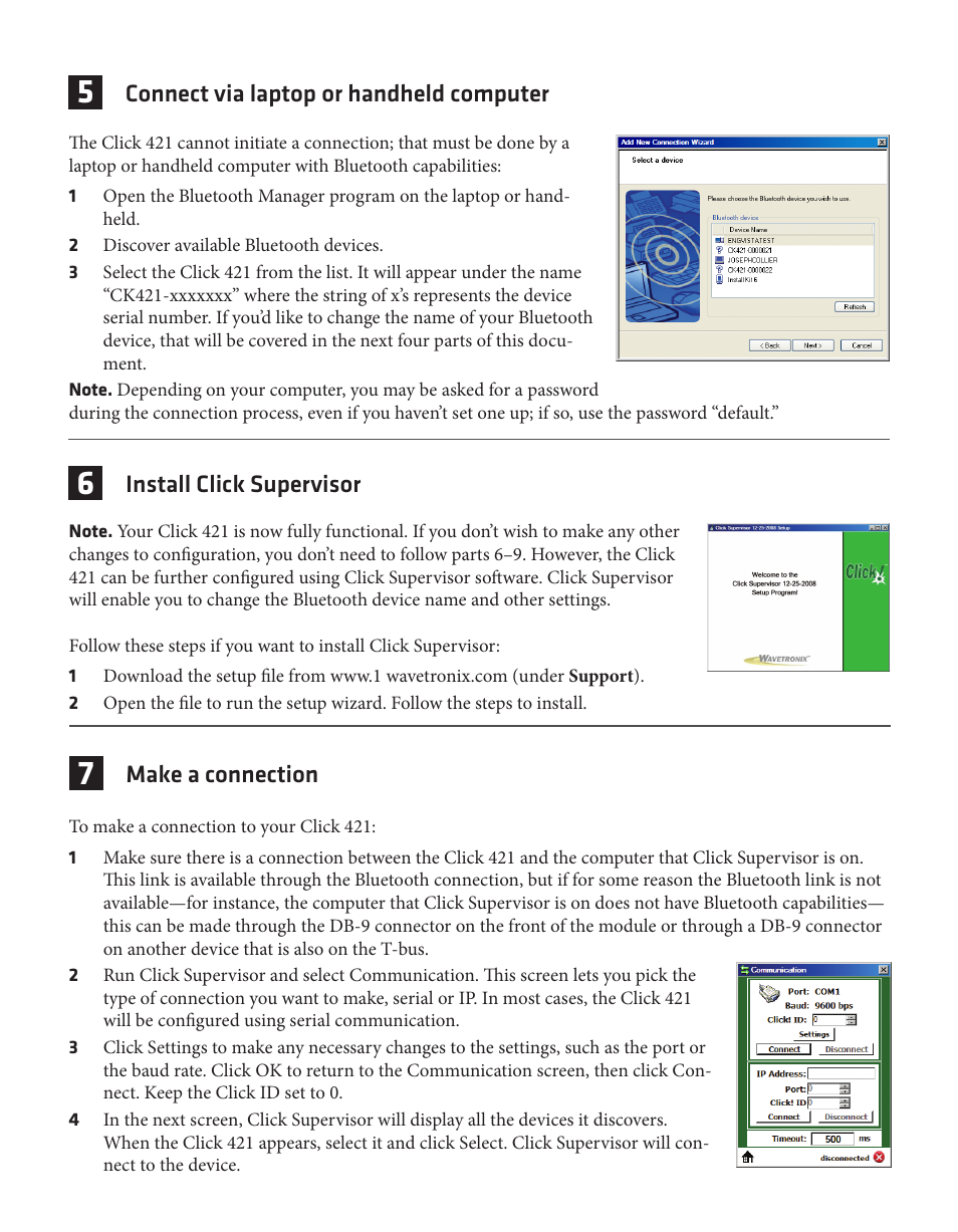 Connect via laptop or handheld computer, Install click supervisor, Make a connection | Wavetronix Click 421 (bluetooth to serial converter) (CLK-421) - Quick-reference Guide User Manual | Page 3 / 4