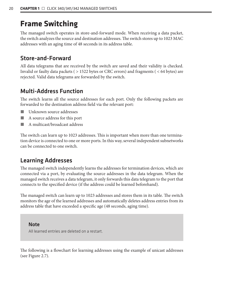 Frame switching, Store-and-forward, Multi-address function | Learning addresses | Wavetronix Click 342 (lean managed ethernet switch) (CLK-342) - Managed Switches User Guide User Manual | Page 21 / 76