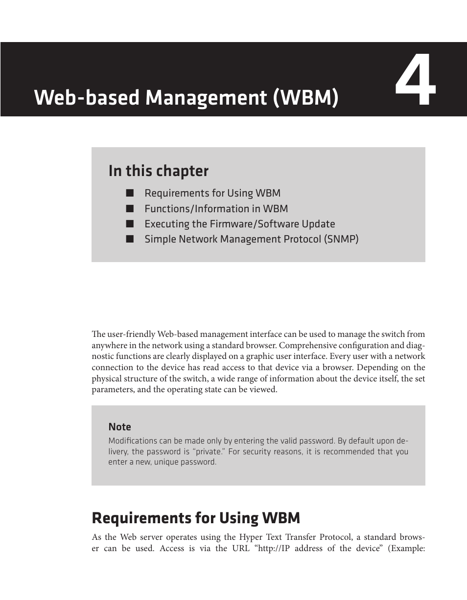 Web-based management (wbm), Requirements for using wbm | Wavetronix Click 342 (lean managed ethernet switch) (CLK-342) - Managed Switches User Guide User Manual | Page 28 / 76