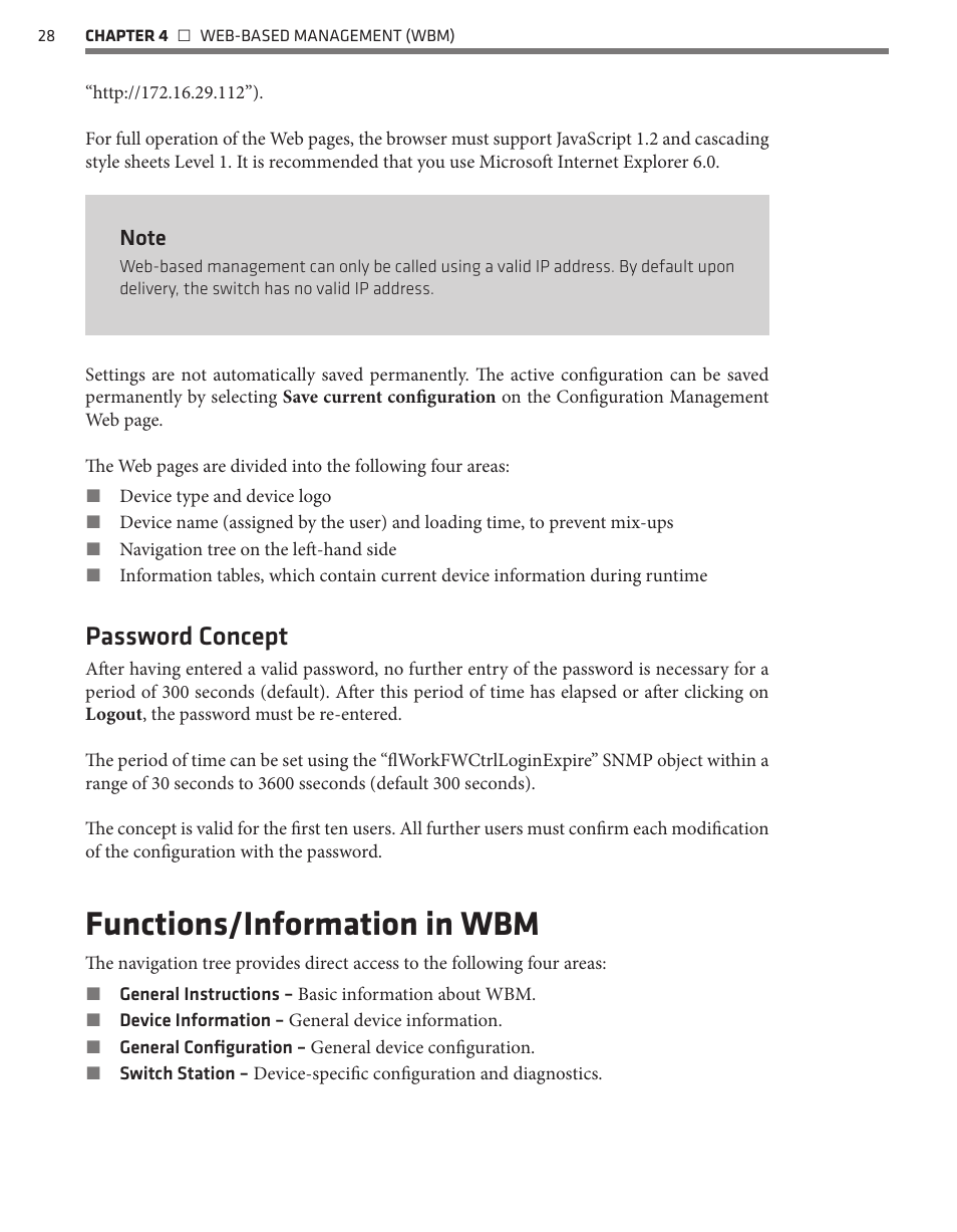 Functions/information in wbm, Password concept | Wavetronix Click 342 (lean managed ethernet switch) (CLK-342) - Managed Switches User Guide User Manual | Page 29 / 76